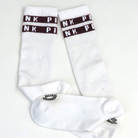 Super Rare Vintage White Knee High Socks w/ Red Macaroon Band & PINK Logo Unworn - Picture 1 of 7